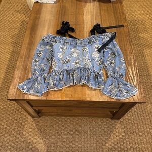 Blue and White Striped Floral Off-Shoulder Top